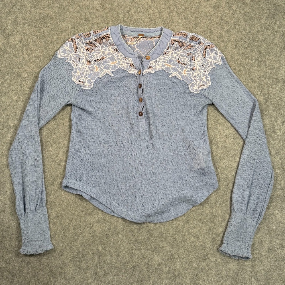 Free People Just Dusk Blue Easy Breezy Henley Lace Blouse Women's Size XS